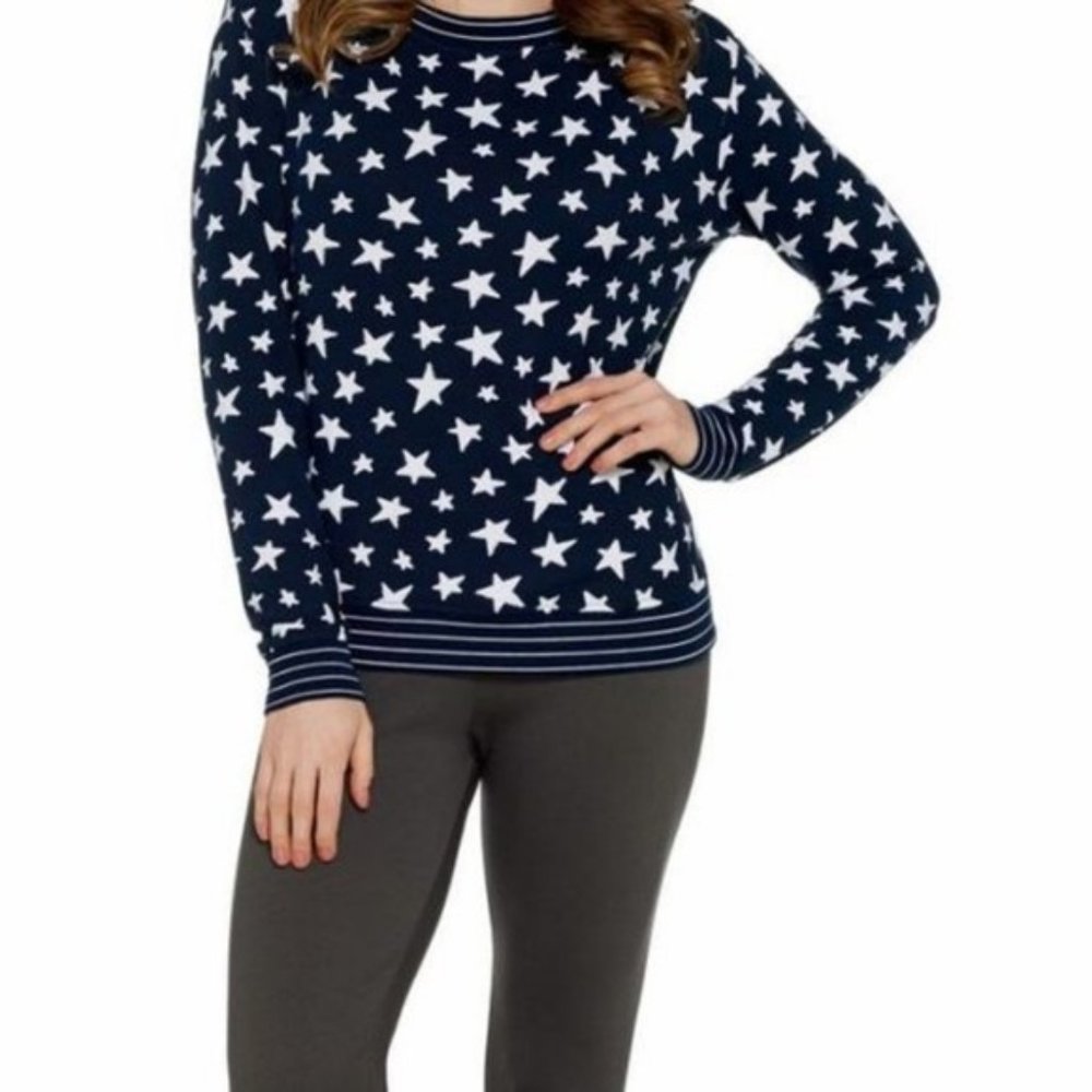 AnyBody Printed Hacci Sweatshirt Top Stars NAVY
